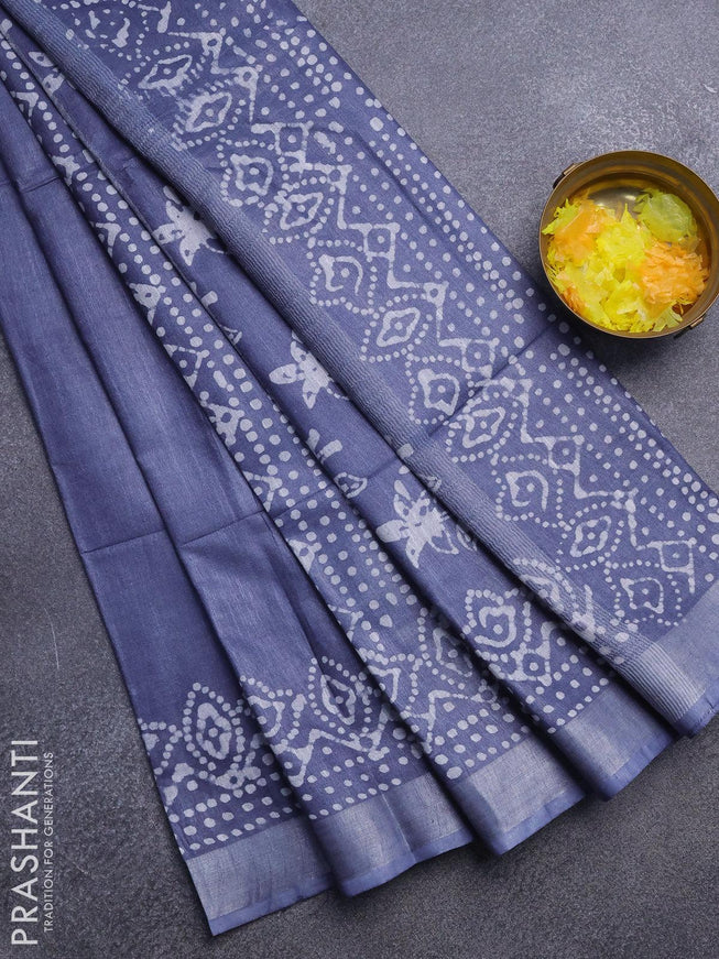 Linen cotton saree grey with allover batik butta prints and silver zari woven border