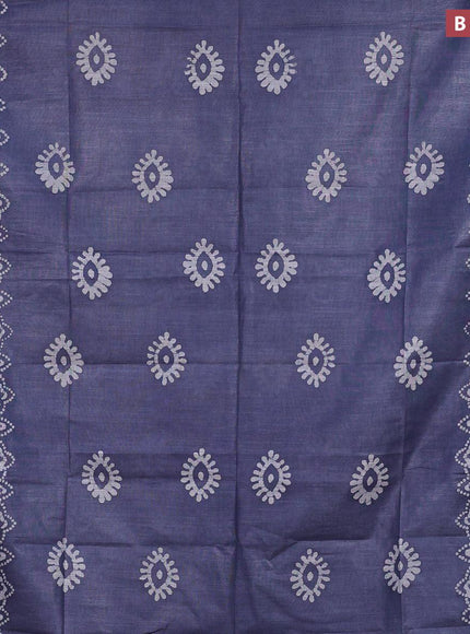 Linen cotton saree grey with allover batik butta prints and silver zari woven border