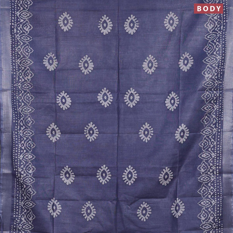 Linen cotton saree grey with allover batik butta prints and silver zari woven border