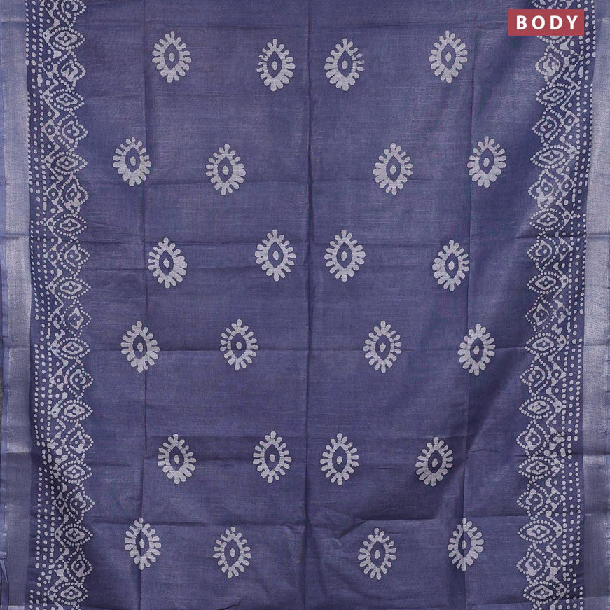 Linen cotton saree grey with allover batik butta prints and silver zari woven border