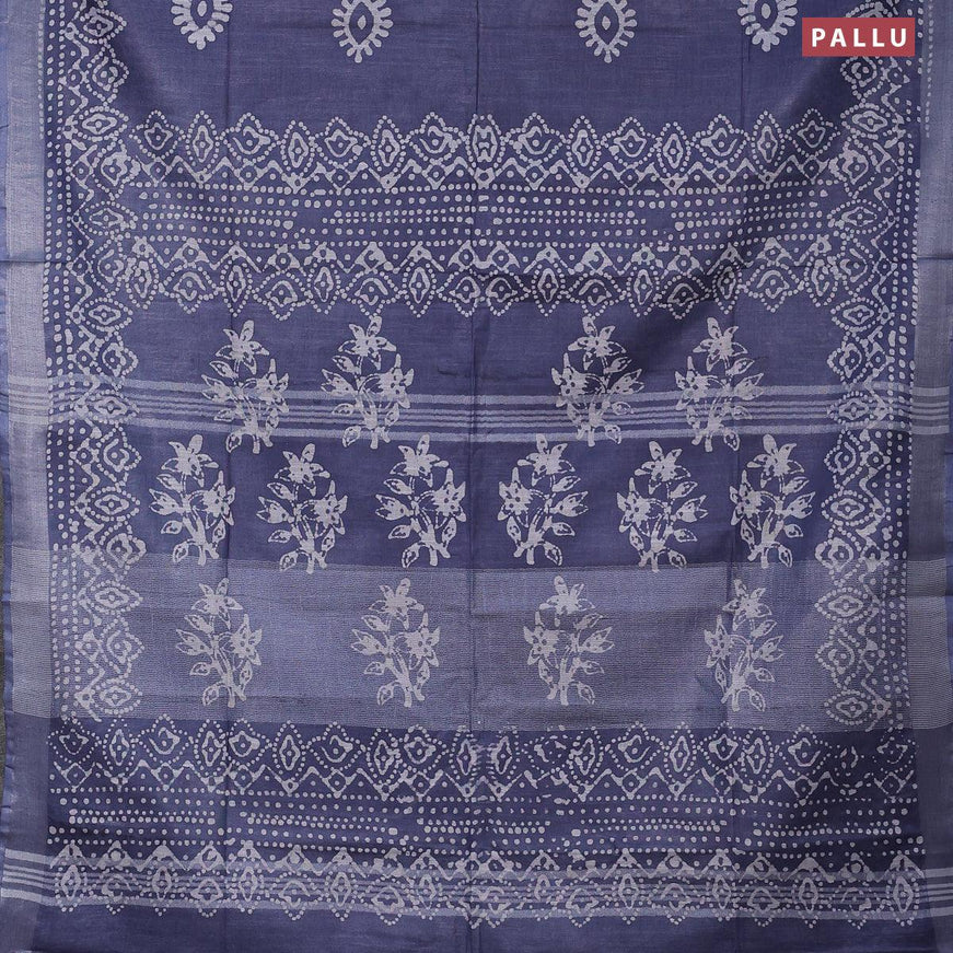 Linen cotton saree grey with allover batik butta prints and silver zari woven border