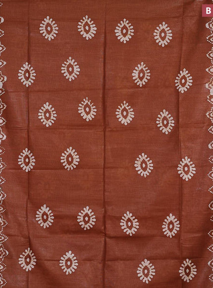 Linen cotton saree brown shade with allover batik butta prints and silver zari woven border