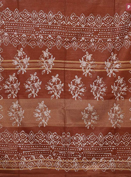 Linen cotton saree brown shade with allover batik butta prints and silver zari woven border