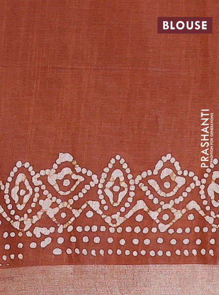 Linen cotton saree brown shade with allover batik butta prints and silver zari woven border