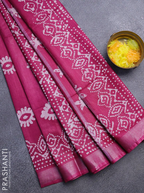 Linen cotton saree dark magenta with allover batik butta prints and silver zari woven border