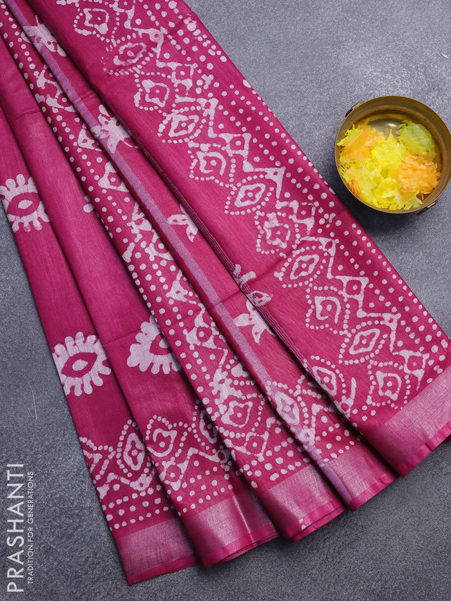 Linen cotton saree dark magenta with allover batik butta prints and silver zari woven border