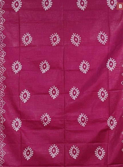 Linen cotton saree dark magenta with allover batik butta prints and silver zari woven border