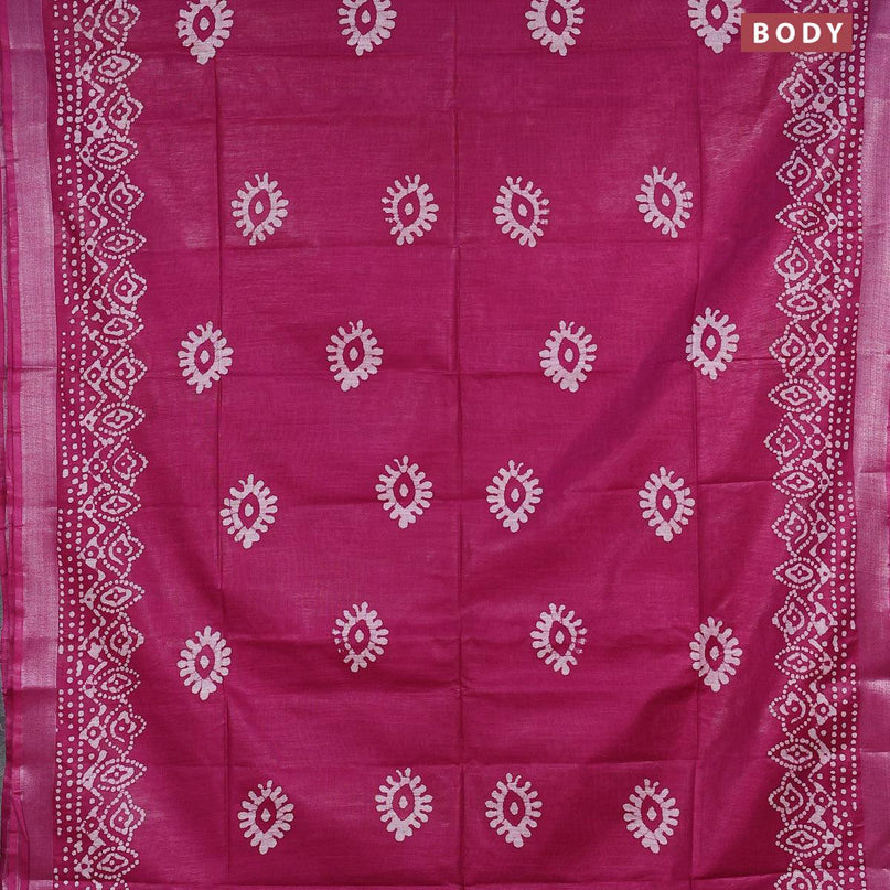 Linen cotton saree dark magenta with allover batik butta prints and silver zari woven border