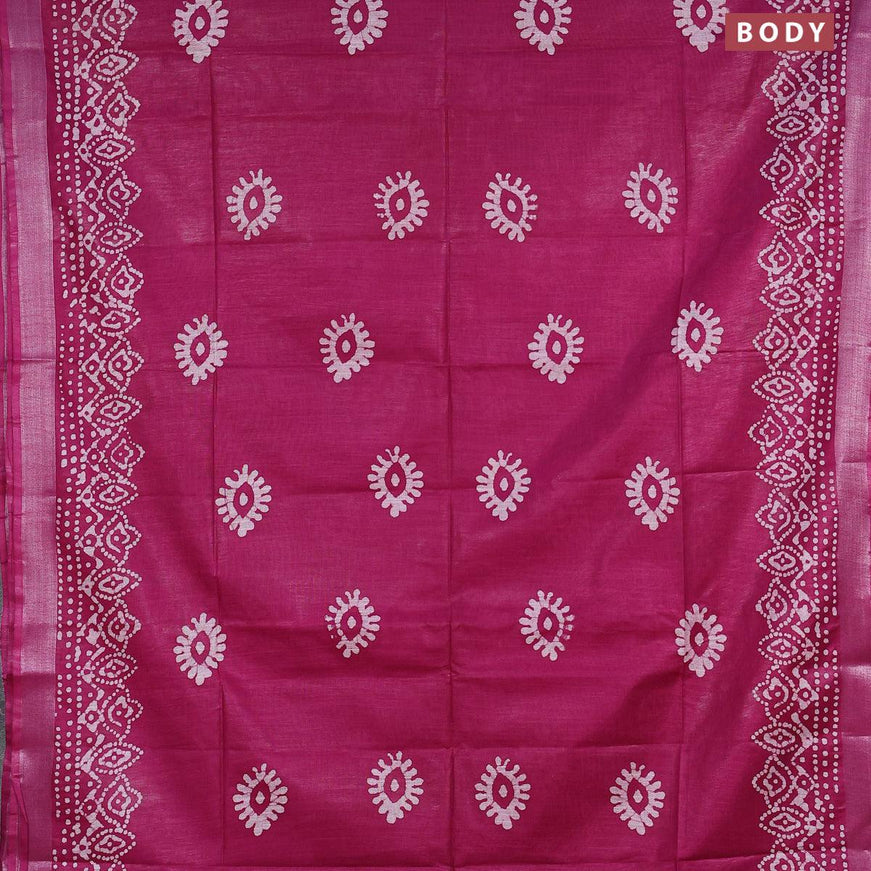 Linen cotton saree dark magenta with allover batik butta prints and silver zari woven border