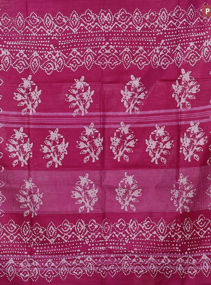 Linen cotton saree dark magenta with allover batik butta prints and silver zari woven border