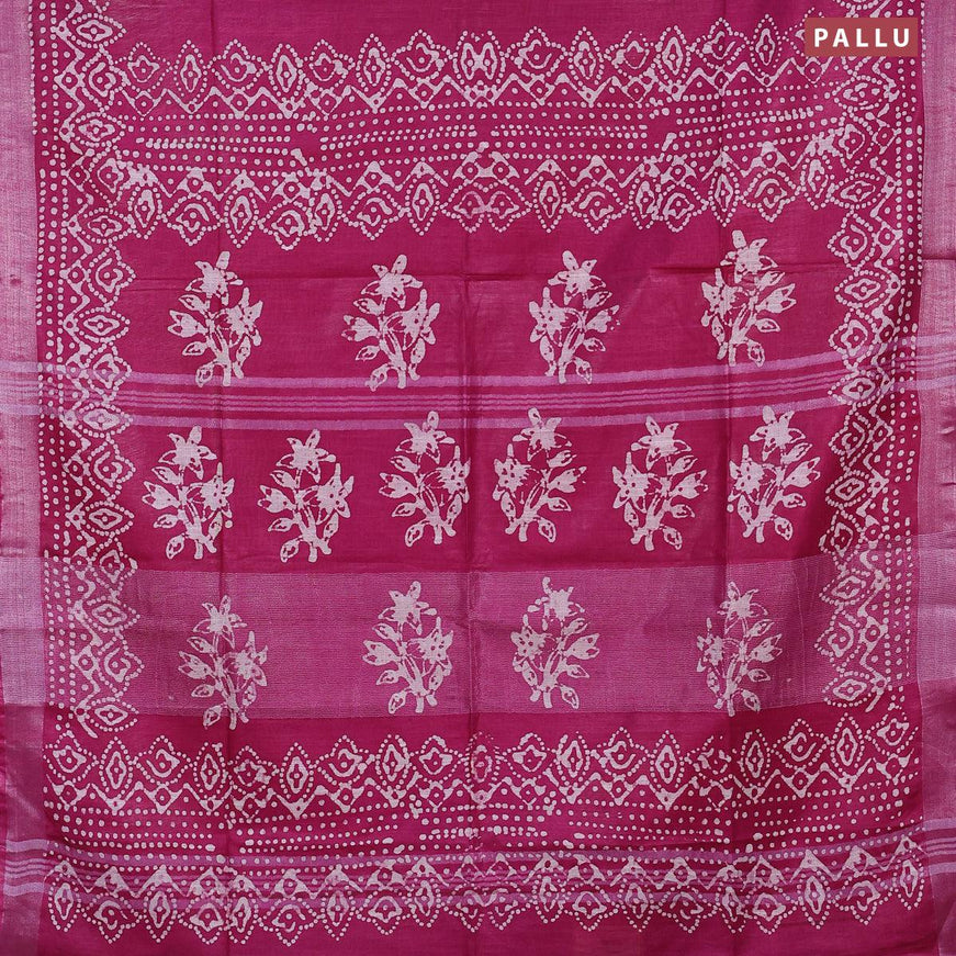 Linen cotton saree dark magenta with allover batik butta prints and silver zari woven border