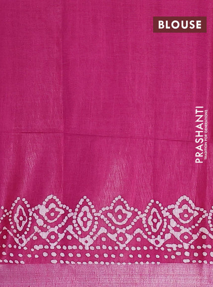 Linen cotton saree dark magenta with allover batik butta prints and silver zari woven border