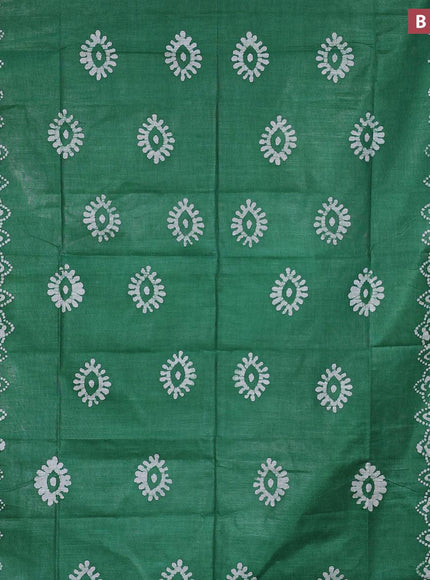 Linen cotton saree green with allover batik butta prints and silver zari woven border