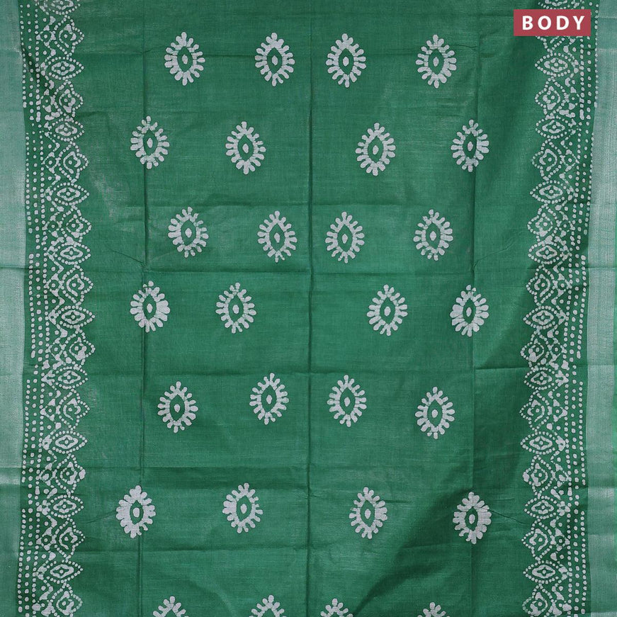 Linen cotton saree green with allover batik butta prints and silver zari woven border