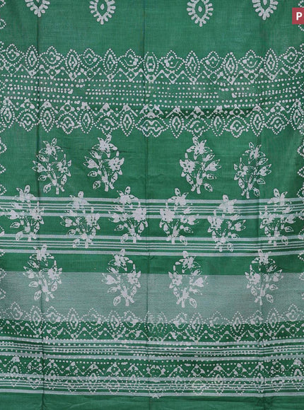 Linen cotton saree green with allover batik butta prints and silver zari woven border