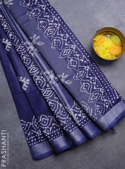 Linen cotton saree navy blue with allover batik butta prints and silver zari woven border