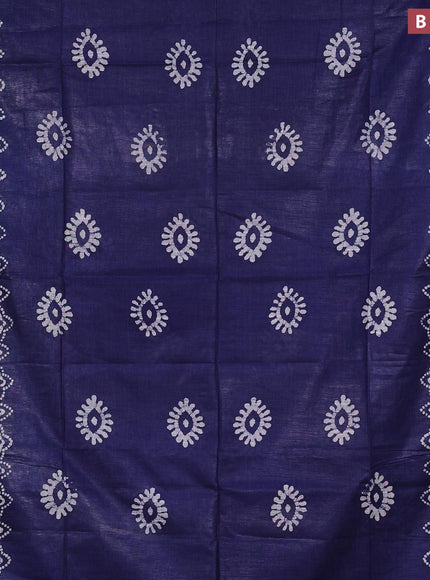 Linen cotton saree navy blue with allover batik butta prints and silver zari woven border