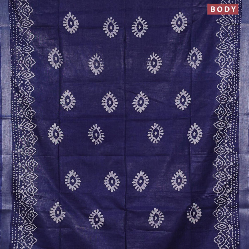 Linen cotton saree navy blue with allover batik butta prints and silver zari woven border