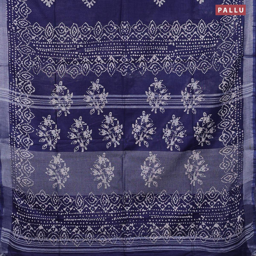 Linen cotton saree navy blue with allover batik butta prints and silver zari woven border