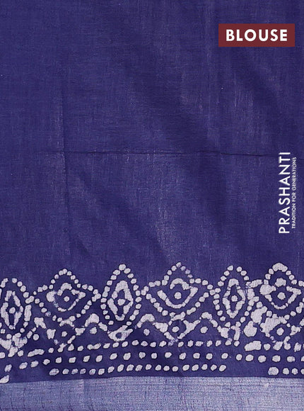 Linen cotton saree navy blue with allover batik butta prints and silver zari woven border