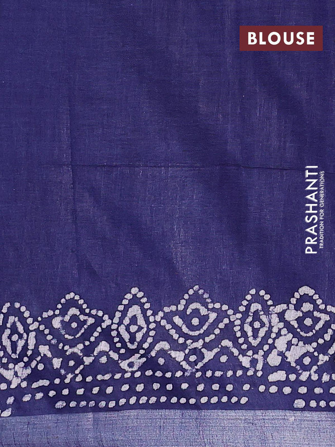 Linen cotton saree navy blue with allover batik butta prints and silver zari woven border