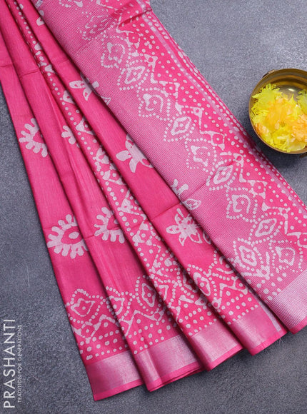 Linen cotton saree pink with allover batik butta prints and silver zari woven border