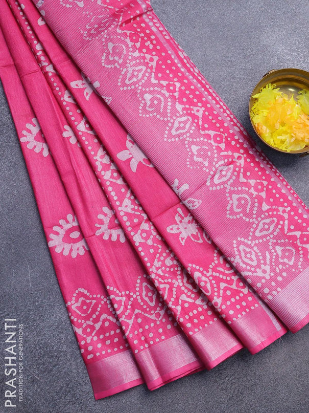 Linen cotton saree pink with allover batik butta prints and silver zari woven border