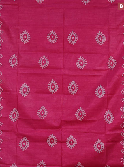 Linen cotton saree pink with allover batik butta prints and silver zari woven border