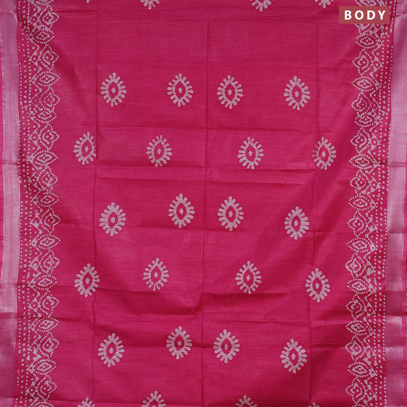 Linen cotton saree pink with allover batik butta prints and silver zari woven border