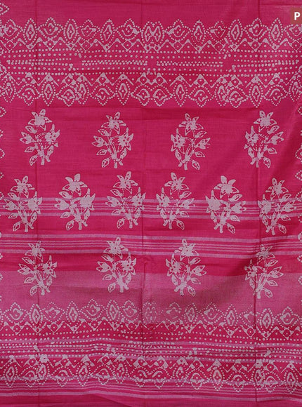 Linen cotton saree pink with allover batik butta prints and silver zari woven border