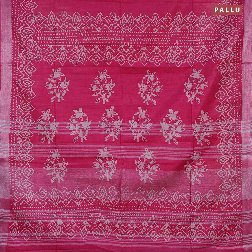 Linen cotton saree pink with allover batik butta prints and silver zari woven border