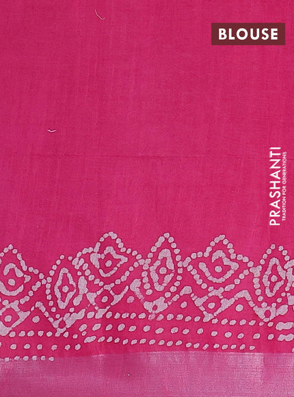 Linen cotton saree pink with allover batik butta prints and silver zari woven border