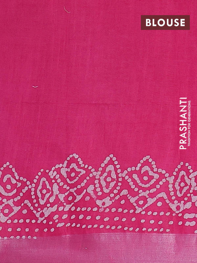 Linen cotton saree pink with allover batik butta prints and silver zari woven border