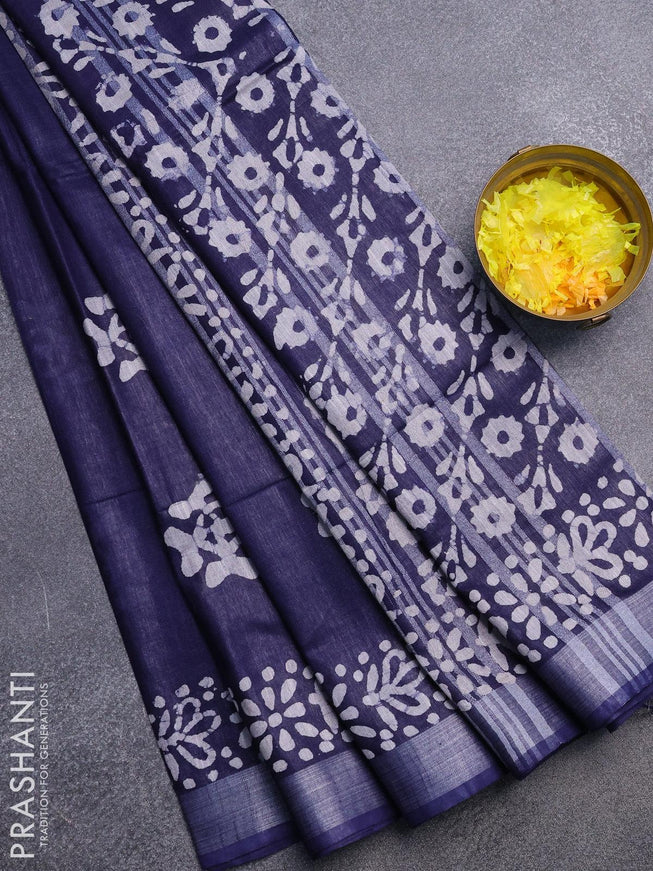 Linen cotton saree navy blue with allover batik butta prints and silver zari woven border