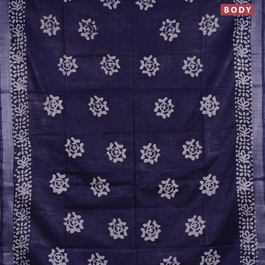 Linen cotton saree navy blue with allover batik butta prints and silver zari woven border