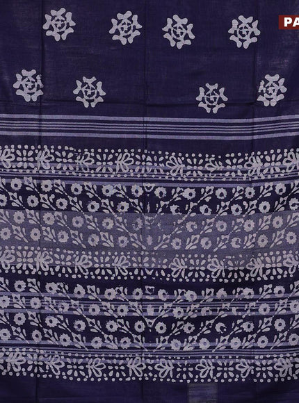 Linen cotton saree navy blue with allover batik butta prints and silver zari woven border