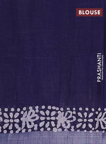 Linen cotton saree navy blue with allover batik butta prints and silver zari woven border