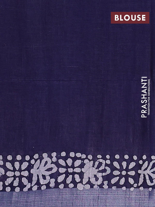 Linen cotton saree navy blue with allover batik butta prints and silver zari woven border