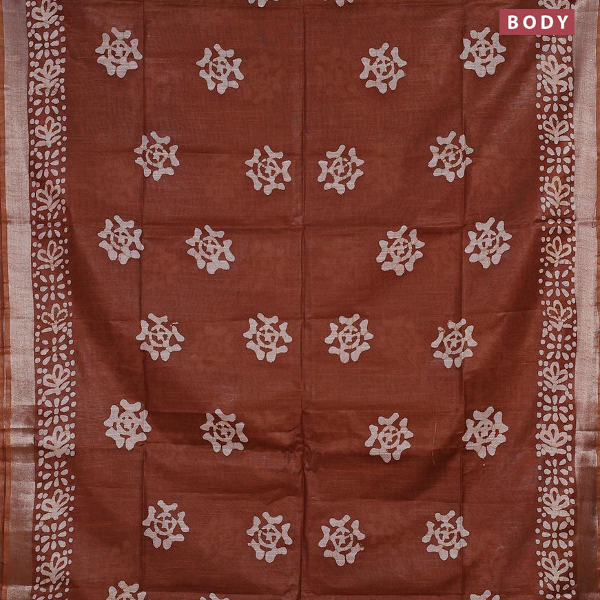 Linen cotton saree brown shade with allover batik butta prints and silver zari woven border