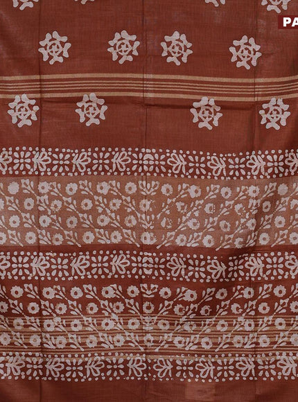 Linen cotton saree brown shade with allover batik butta prints and silver zari woven border