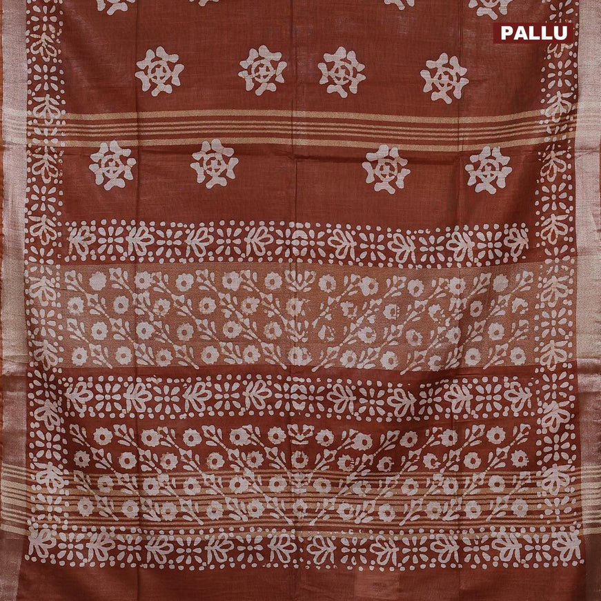 Linen cotton saree brown shade with allover batik butta prints and silver zari woven border