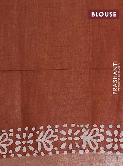 Linen cotton saree brown shade with allover batik butta prints and silver zari woven border