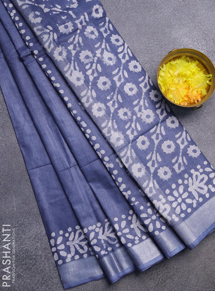 Linen cotton saree grey with allover batik butta prints and silver zari woven border