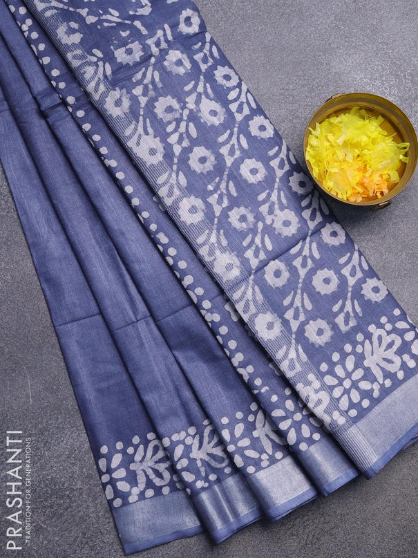 Linen cotton saree grey with allover batik butta prints and silver zari woven border