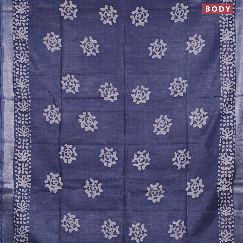 Linen cotton saree grey with allover batik butta prints and silver zari woven border