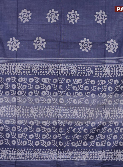 Linen cotton saree grey with allover batik butta prints and silver zari woven border