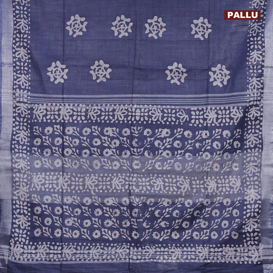 Linen cotton saree grey with allover batik butta prints and silver zari woven border