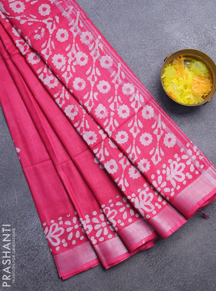 Linen cotton saree pink with allover batik butta prints and silver zari woven border