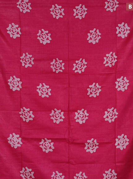 Linen cotton saree pink with allover batik butta prints and silver zari woven border