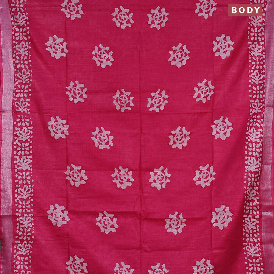 Linen cotton saree pink with allover batik butta prints and silver zari woven border